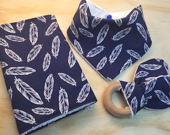 Burp cloth, bandana bib, teething ring gift set in navy feather print