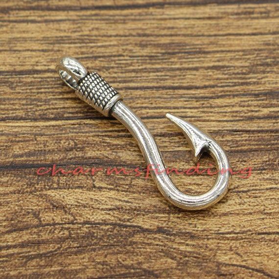 10pcs Large Fish Hook Charms Antique Silver Tone 36x13x7mm