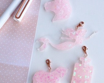 Sequin resin mermaid, perfume bottle & unicorns charms TN planner rose gold dangle clip