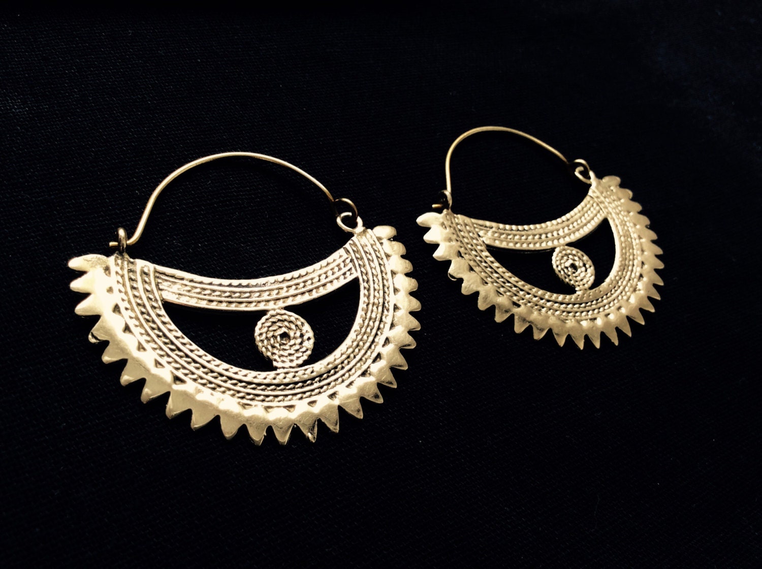 Rajasthani Style Brass Gold Tribal Hoop Earrings Indian Boho
