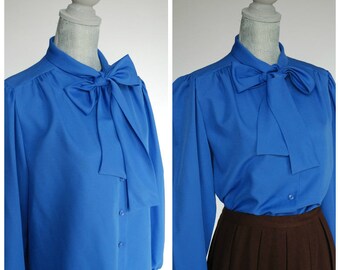 Vintage 70s Tie-Neck Blouse | 1970s Button-up Shirt Pussybow | Button-down Bow Shirt Size Large L