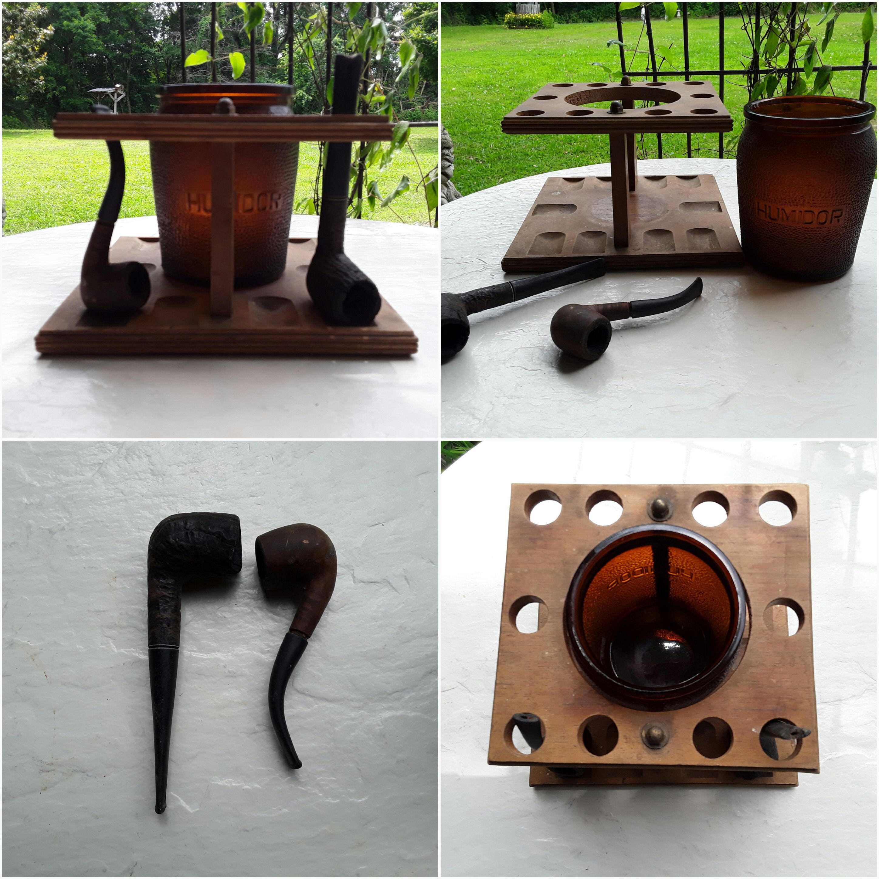 DunRite Amber Glass Humidor Jar & Solid Wood Pipe Stand and