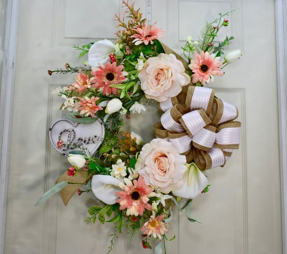 Peach White & Love Wreath Everyday wreath Floral wreath