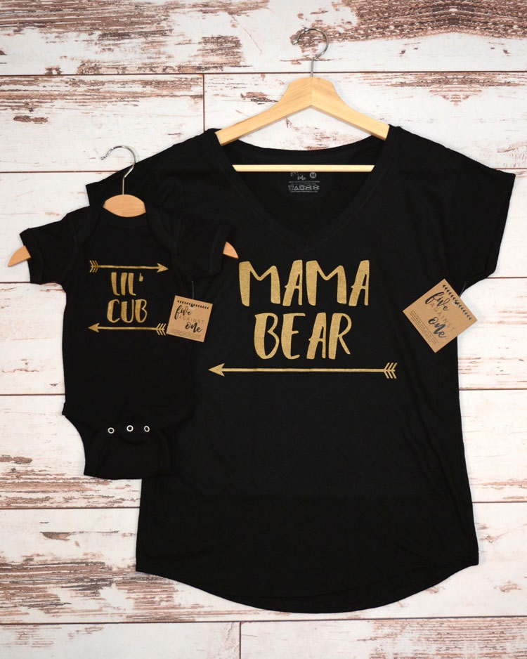 Mama Bear + Lil Cub, Mom + Baby Combo with Aarows, Baby Shower Gift, Birthday Gift, Newborn Gift, Women's V-Neck, Graphic T-shirt, Man Cub