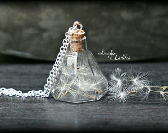 silver-plated glass vials necklace with flower seeds