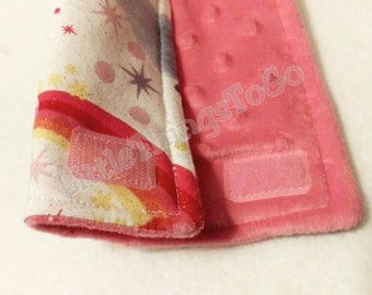 Booster seat strap cover. Trolls cotton and pink plushy minky. 15" long. Reversible. Can use as adult seat belt covers. Princess Poppy Pink