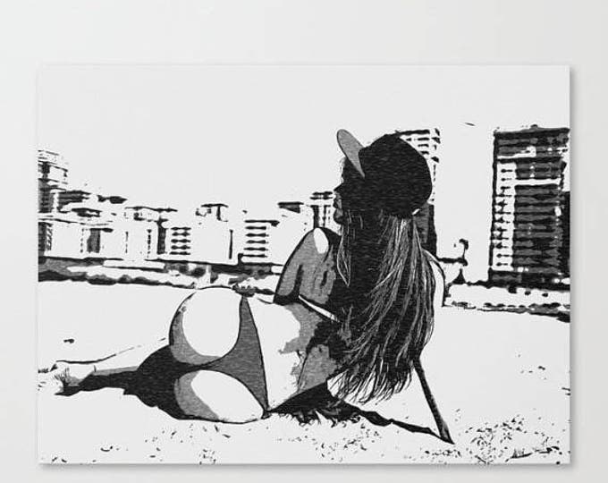 Erotic Art Canvas Print - Posing Sexy, unique sexy conte style drawing, perfect shapes brunette girl at beach, sensual high quality artwork