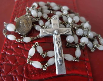 Vintage Antique Rosary Milk White Glass Beads with Silver Cross The Flying Priest Italy