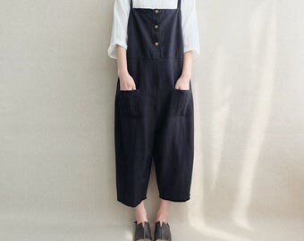 Women Loose Black Linen Jumpsuits Overalls Pants With Pockets, Women Summer Casual Pants Legging Pants
