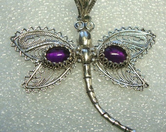 Sale Code JUNE50 Save 50% Vintage Designer Signed DGS Turkey Sterling Silver 925 Amethyst Dragonfly Pendant ID DGS 20163
