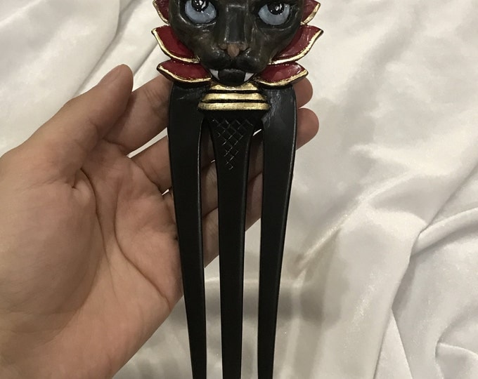Hair fork prince cat. Wooden hair fork. Wooden hairpin. Hair stick 3 prong. Hairpin for long hair. Gift ideas. Wood carving. Hairpin Cat.