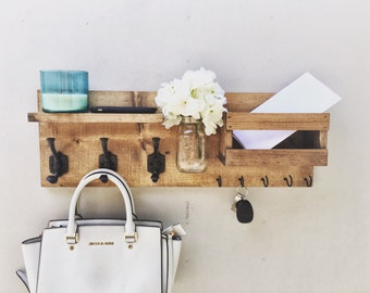 Mail Organizer (Flowers Included) , Entryway Organizer Key & Mail Holder, Coat Holder, Mason Jar Decor, Farmhouse Decor