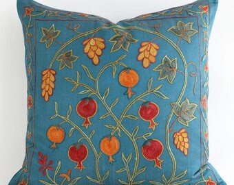 SALE 30% - Hand Embroidered Silk Uzbek Teal Suzani Pillow, Teal, Turquoise Decorative Pillow, Suzani Pillow, Teal Pillow, Throw Pillow