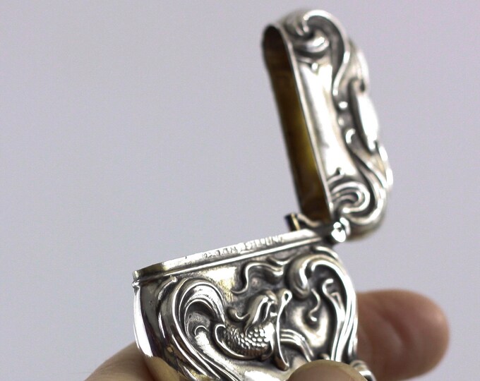 Art Nouveau dragon vesta, sterling silver match safe with Snake, medieval serpent, water dragon, collectible silver, miniature silver