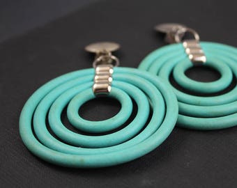 Vintage 1980s Earrings, Turquoise Earrings Dangle, Teal Earrings, Clip On Earrings Dangle, Vendome Earrings Clip On Dangle Hoop Earrings 80s