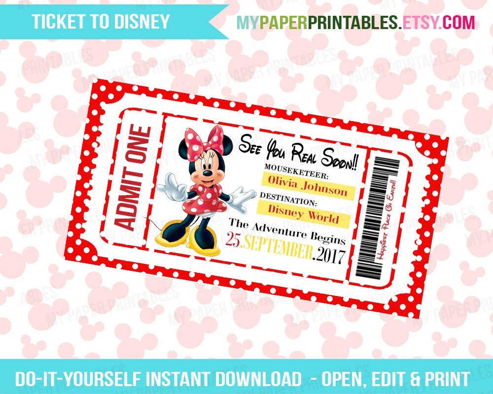 printable ticket to disney diy personalize instant download