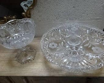 Beautiful Vintage Pressed and Etched Glass Cake Stand & Bon Bon/Sweetie Bowl