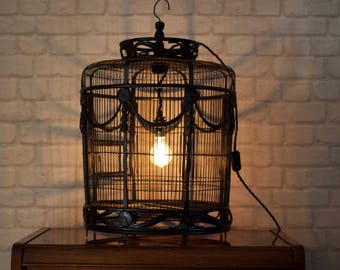 Vintage 'BIRDCAGE' Lamp with Vintage ONE PRE Bulb by "Timber Bros".