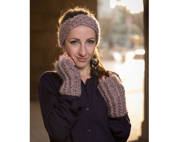 Ear Warmers and Fingerless Gloves, Knit Headband, Matching Set, Cable Knit Headband, Driving Gloves, Earwarmers, Texting Gloves, Winter Gift