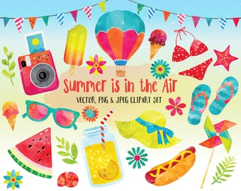 Watercolor Summer Clipart - Watercolor Clipart - Cute Clipart Set - Digital Printables - Digital Clip Art INSTANT DOWNLOAD