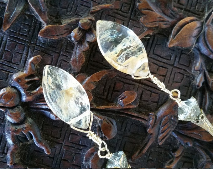Besautiful and Very Unusual Brass Pieces in these Earrings. The Bottom Dangle is a Large Gold Rutilated Quartz Briolette