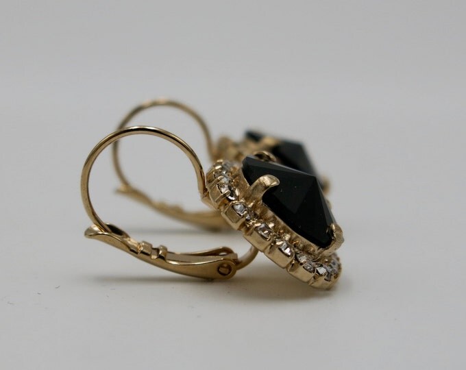 Rose gold effortlessly chic sparkly black Swarovski crystal dangle drop earrings embellished with elegant halos of sparkling pave stones