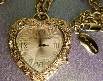Betsey Johnson Iconic Heart Watch Necklace in silver tone & bling *RARE* In EXCELLENT condition!