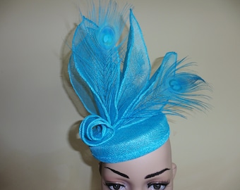 Turquoise Wedding Hat,Turquoise Race Hat, Turquoise Ascot Hat,Hat With Feathers, Pillbox Hat,Fascinator,Fascinators,Harlequin Hats,Percher