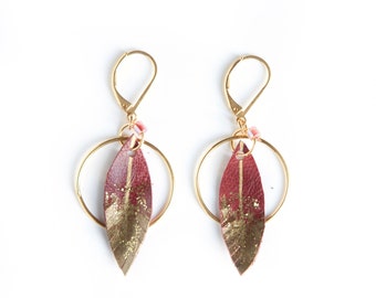 Leather Feather Earrings - Red Feather Earrings - Gold Feather Earrings - Boho Hoop Earrings - Golden Hoop Earrings - Gold Ethnic Earrings