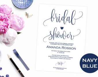 White and blue navy bridal shower invitation - Printable Navy blue bridal shower - Navy blue wedding - PDF Instant Download #WDH0096