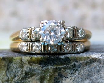 Vintage Engagement Ring, Art Deco Diamond Ring, Vintage Wedding Ring Set, Bridal Set
