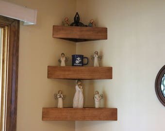 Set of three decorator wood corner wall shelves with plain face
