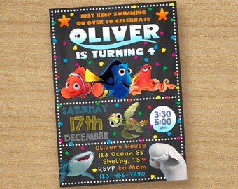 Finding Dory Invitation, Finding Dory Birthday Invitation, Finding Dory Party, Chalkboard Custom Card Dory, Finding Dory Printable Invite