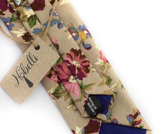 Floral tie, beige tie, mens ties, slim necktie, cotton tie, mens floral tie, floral print necktie, wedding tie, cotton tie floral skinny tie