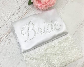 LACE Bride Rhinestone Robe, Bridal Robe, Satin Robe, Bride to Be Robe, Wedding Robe, Rhinestone Robe / RH ENC