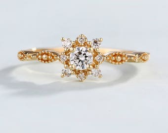 Art Deco Engagement Ring Vintage Antique Anniversary ring 14K gold Diamond Ring Cluster Flower Promise Bridal Milgrain Birthday gift for her