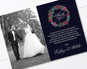 Wedding Thank You Card, Calligraphy Thank You Card, Handwritten, Navy Blue, Pink Roses, Photo Thank you Card, Printable, Downloadable