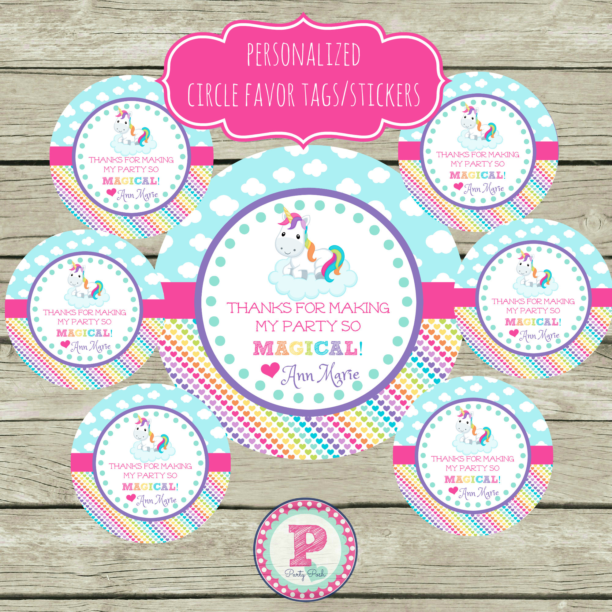 24 Personalized Unicorn Birthday Party Scalloped Tags Party Favors