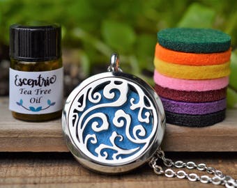 Stainless Steel Essential Oil Diffuser Necklace // Ocean Waves Design //Aromatherapy Necklace// With a Choice of Essential Oil (12 Variety)