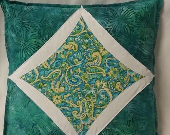 Pillow, Throw Pillow, Decorative Pillow, Toss Pillow, Cathedral Window Pillow, Green Batik Pillow