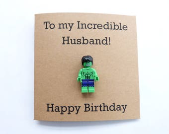 Hulk birthday card. Husband birthday card. Superhero minifigure card. Geek birthday card. Funny husband card. Avengers birthday card.