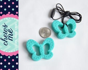 teal blue butterfly silicone sensory necklace teething necklace nursing necklace teether bite chew Autism ADHD Asperger fidget toy