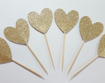 12 Gold Glitter DOUBLE SIDED Heart Cupcake Toppers / Engagement Party Cupcake Toppers / Bridal Shower Decorations / Wedding Cupcake Toppers