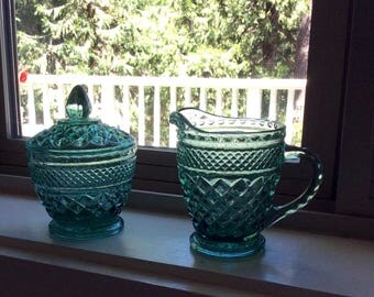 Blue/Green Diamond Cut Cream & Sugar Set