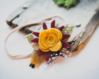 Mustard and Burgundy felt flowers with feathers headband