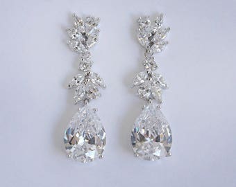 Mila - Bridal Earrings, Wedding Earrings, Teardrop Earrings, Crystal Drop Earrings, CZ Chandelier Earrings, Silver Wedding Earrings