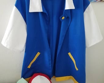Ash Ketchum Cosplay Jacket, Hat, Gloves - Pokemon Trainer Costume for Men or Women - Ash Ketchum Original Series Outfit Custom Made Any Size