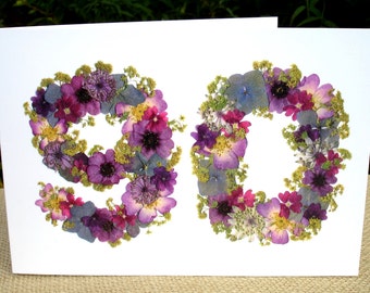 90th Birthday Card, Mum 90th, Sister 90th Birthday, Nan, Dad 90th Birthday, Granddad 90th, English Pressed Flower PRINT, Cards for Gardeners