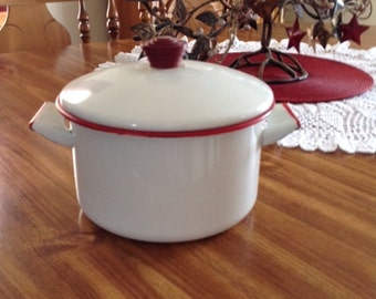 Vintage White and Red Enamel Cookware Pot