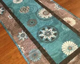 Teal and Gray Quilted Table Runner, Quilted Table Runner, Modern Table Runner, Teal Kitchen Decor, Teal and Gray, Table Runner Quilt